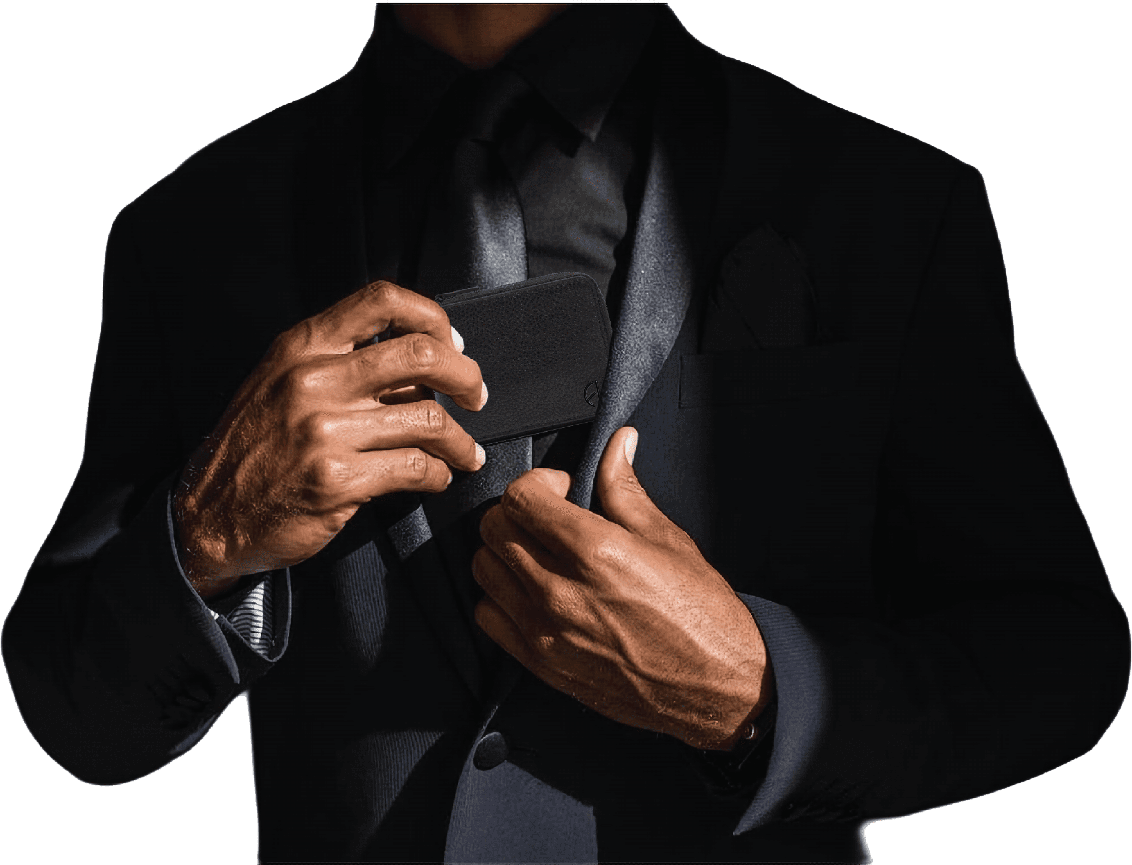 A man in a tuxedo slipping the Fresh'n Up kit into his pocket